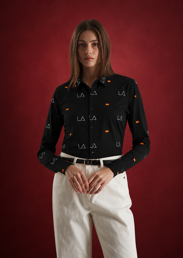 Slim Fit Monogram & Flag Motif Long-Sleeve Shirt