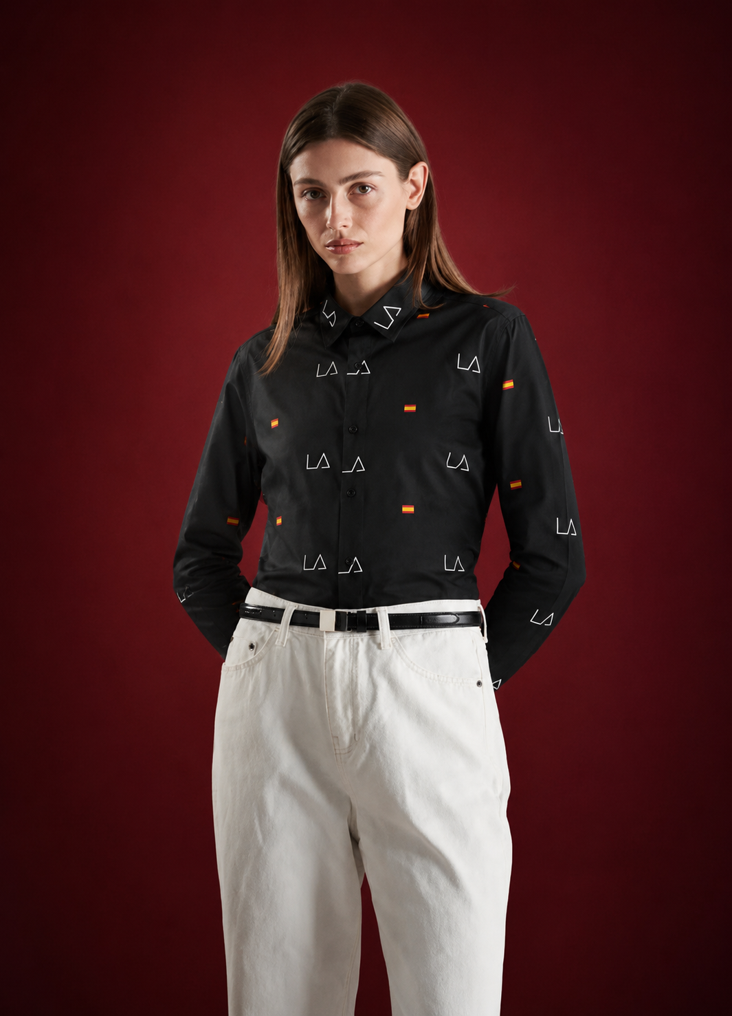 Slim Fit Monogram & Flag Motif Long-Sleeve Shirt