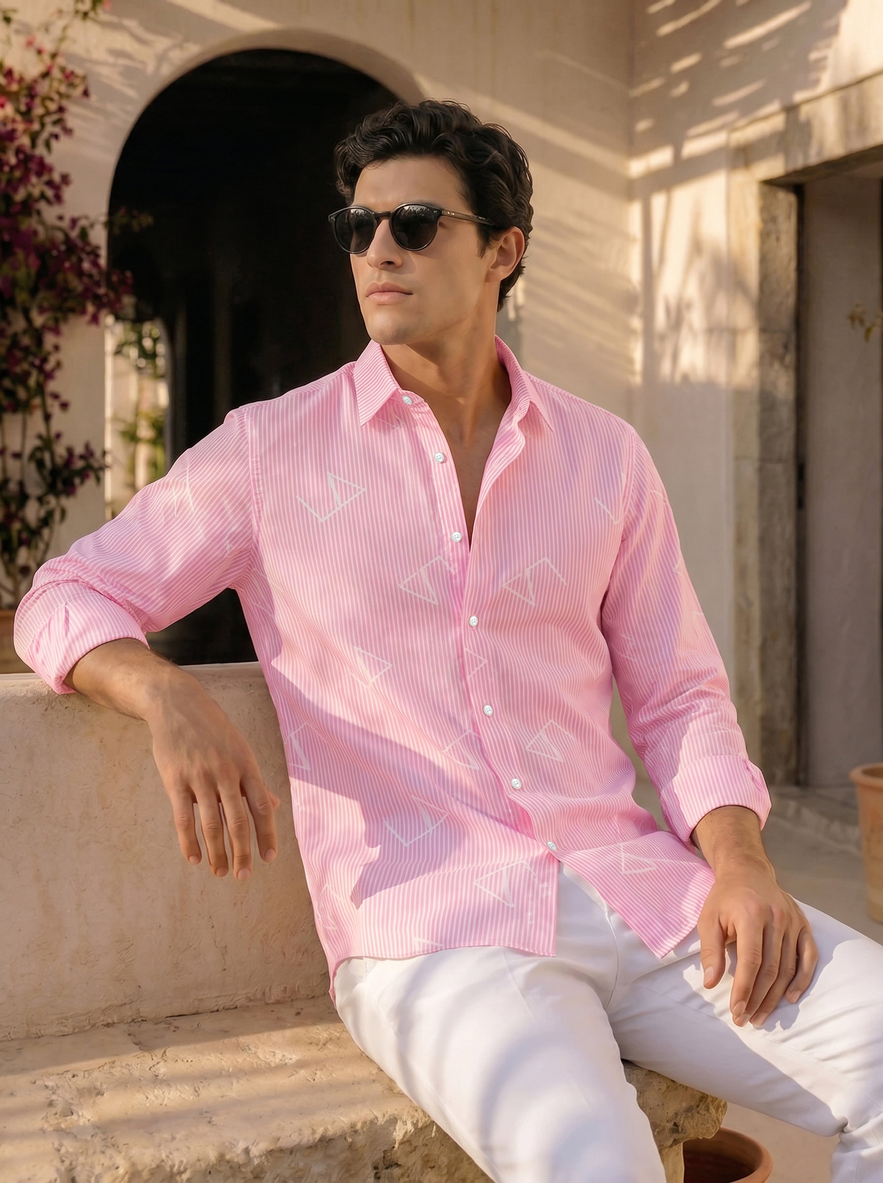 Slim Fit Striped Monogram Long-Sleeve Shirt