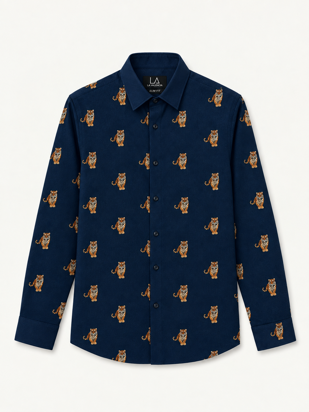 Slim Fit Navy Blue Tiger Print Full Sleeve Shirt