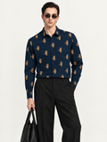Slim Fit Navy Blue Tiger Print Full Sleeve Shirt