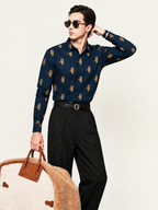 Slim Fit Navy Blue Tiger Print Full Sleeve Shirt