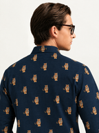 Slim Fit Navy Blue Tiger Print Full Sleeve Shirt