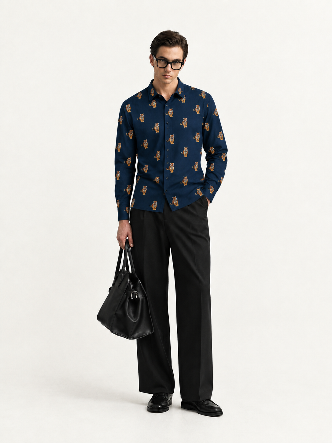 Slim Fit Navy Blue Tiger Print Full Sleeve Shirt
