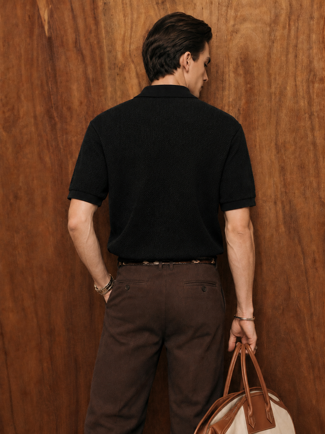 MENS Textured Knit Polo T-Shirt – Black & Green