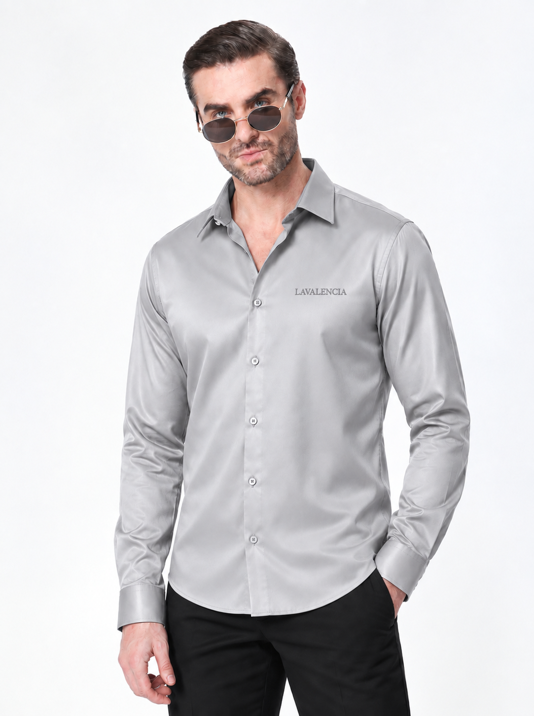 Slim Fit Solid Grey Long Sleeve Shirt