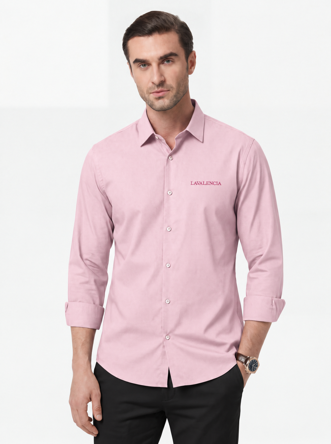 Slim Fit Solid Pink Long Sleeve Shirt