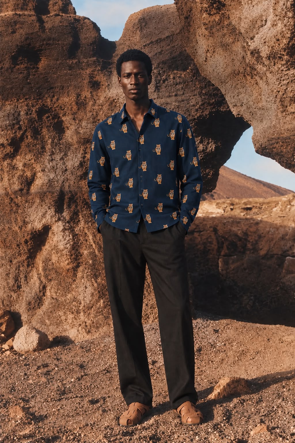 Slim Fit Navy Blue Tiger Print Full Sleeve Shirt
